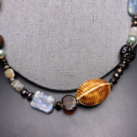 Beaded Necklace Gemstone Shell Glass Wooden Pearl Boho Copper Leaf Toggle - Picture 3 of 10